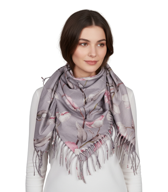 Elegancka kwiatowa chusta szal szalik z frędzlami