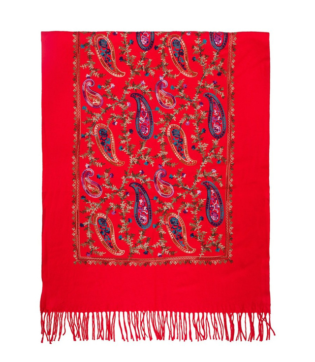 Women's scarf with embroidered pattern and tassels