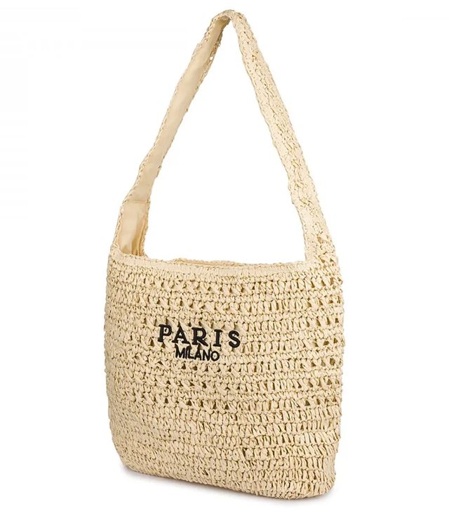 Torebka boho z plecionki z napisem PARIS MILANO