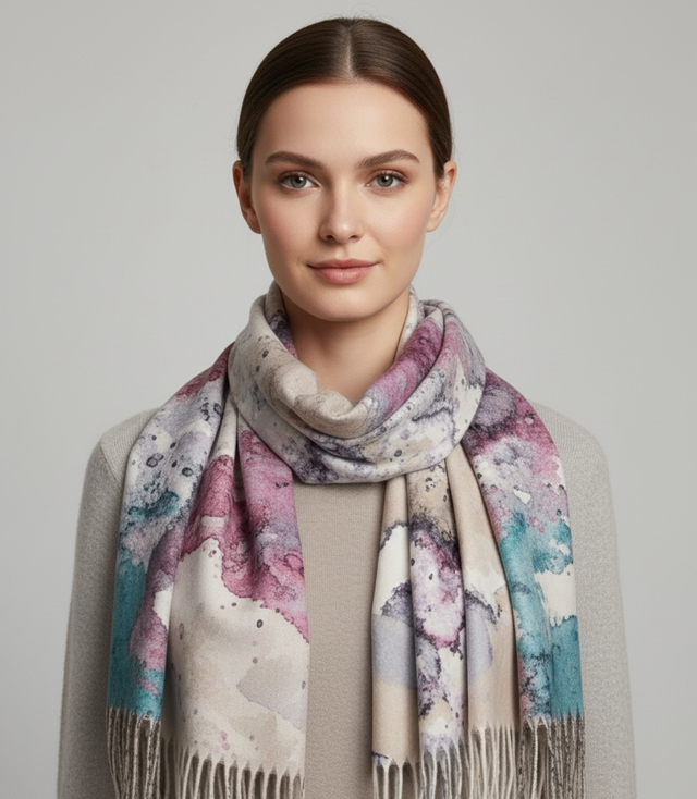 Women's scarf with watercolor delicate pattern and tassels