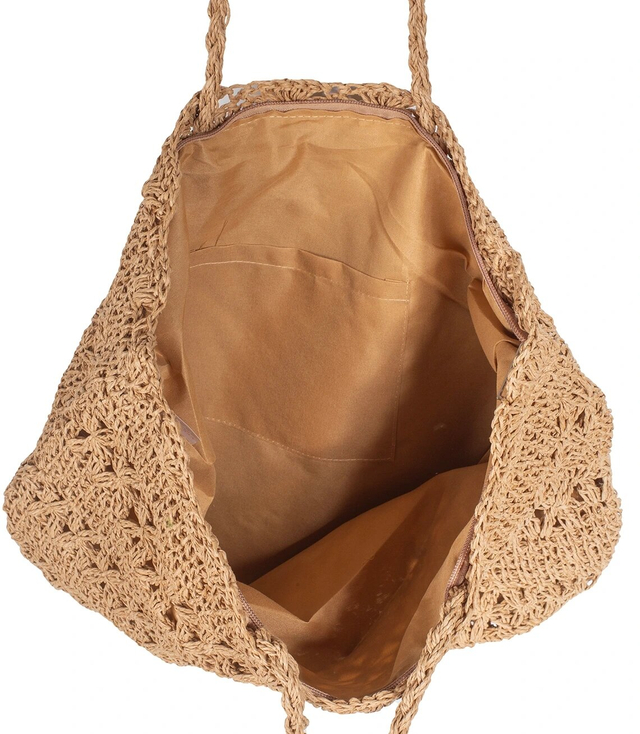 Large rectangular straw beach bag with openwork pattern