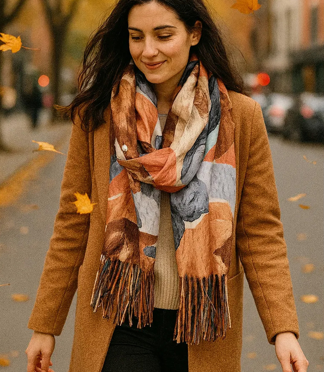 Women's scarf with floral motif and tassels elegant