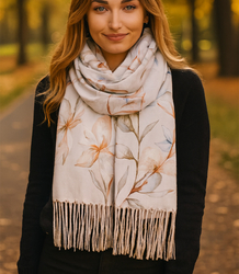 Women's scarf with a motif of small flowers tassels