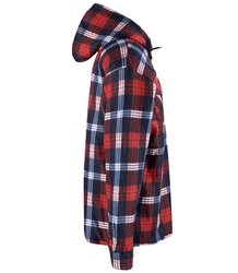 Warm fleece men's plaid shirt with hood insulated with faux fur