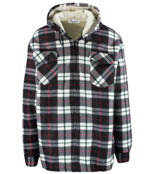 Warm fleece men's plaid shirt with hood insulated with faux fur