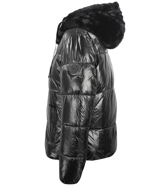 Short winter down jacket with fur hood