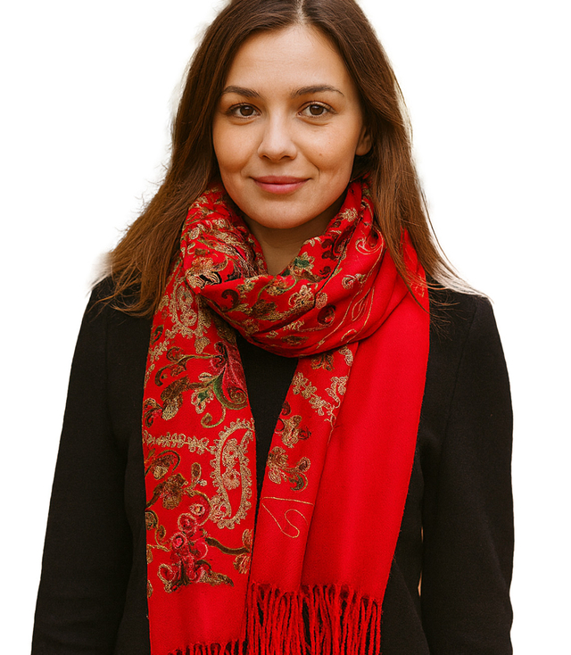 Women's folklore scarf with flower motif and tassels