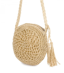 Round small summer shoulder bag made of paper raffia