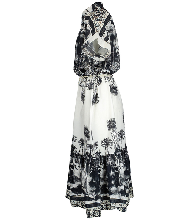 Midi safari print summer dress with a stand-up collar and a NEL belt