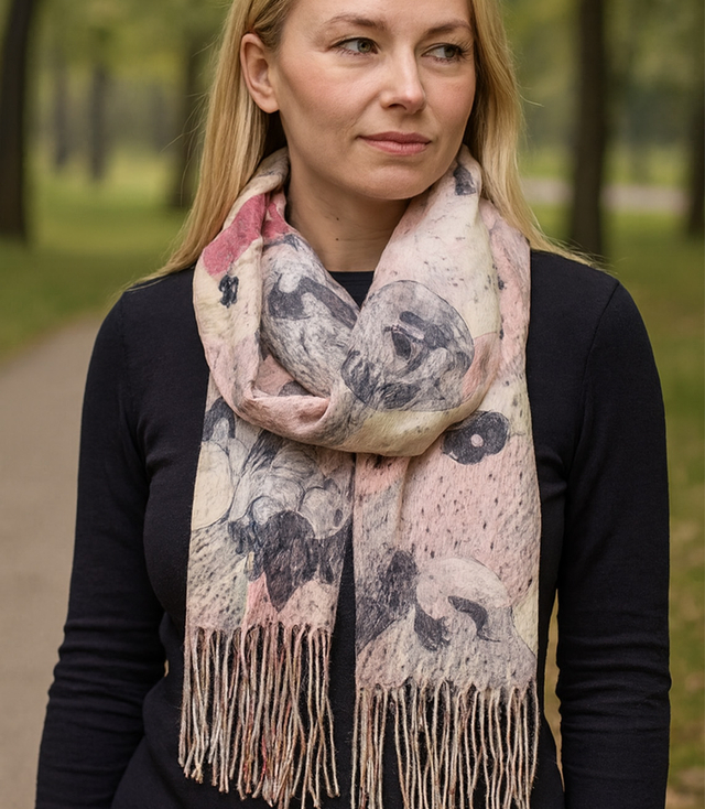Women's scarf with floral motif and tassels elegant