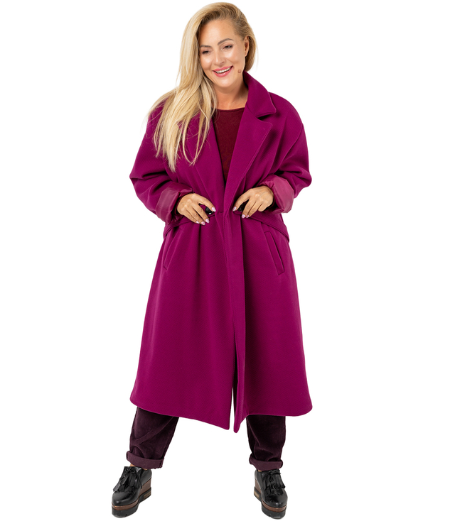 Women's long oversize coat with decorative belt KASIA