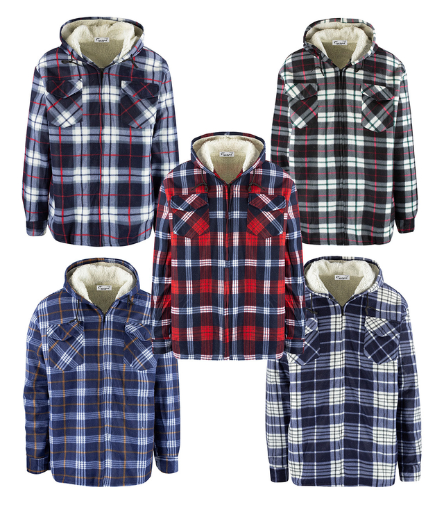 Warm fleece men's plaid shirt with hood insulated with faux fur