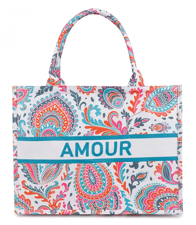 Large colorful shopper bag with AMOUR lettering