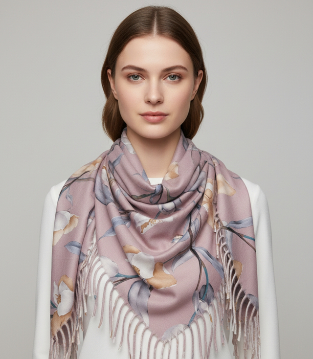 Elegant floral shawl scarf with tassels