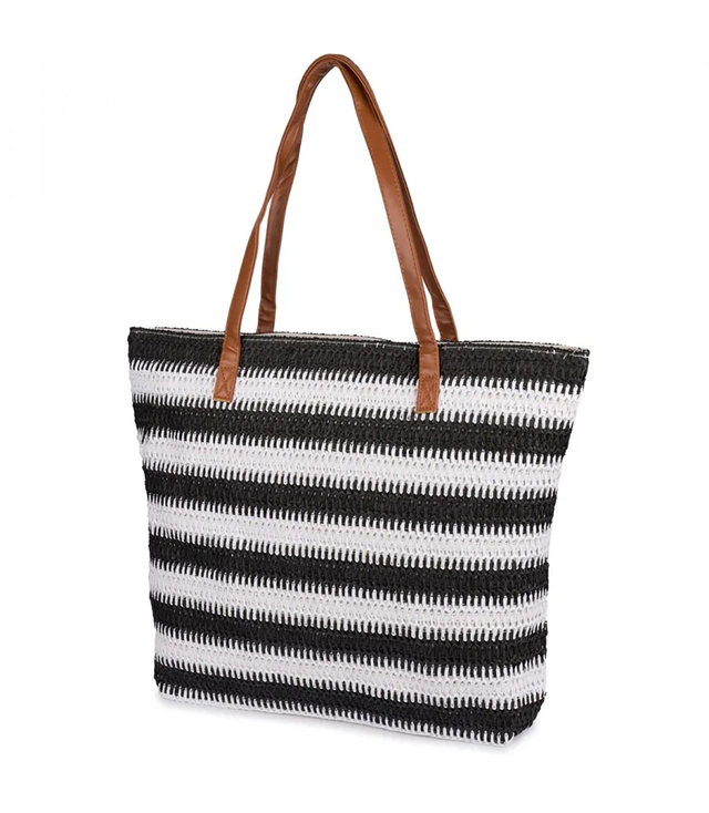 Large braided striped shoper bag with zipper closure