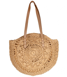 Large round straw beach bag, woven with an openwork pattern