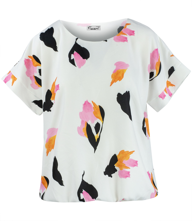 Elegant blouse with a round neckline and an elastic waistband with an EMI print