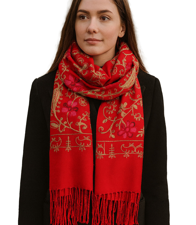 Women's folklore scarf with flower motif and tassels