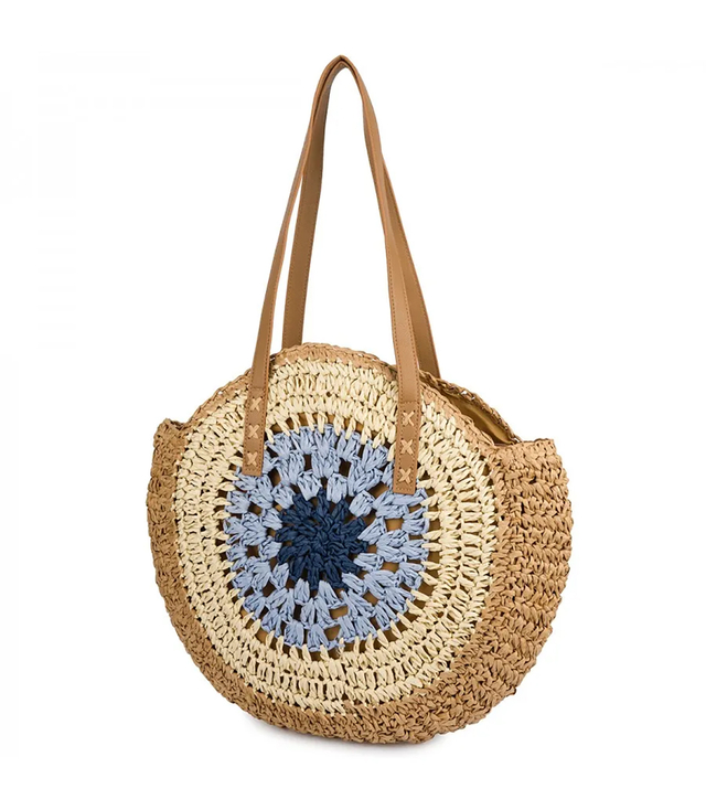 Large round braided handbag with openwork pattern