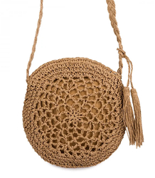 Round small summer shoulder bag made of paper raffia