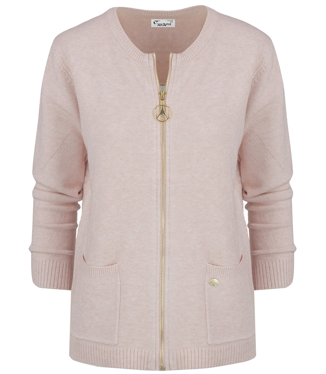 MARABELA classic short sweater cardigan with gold zipper closure