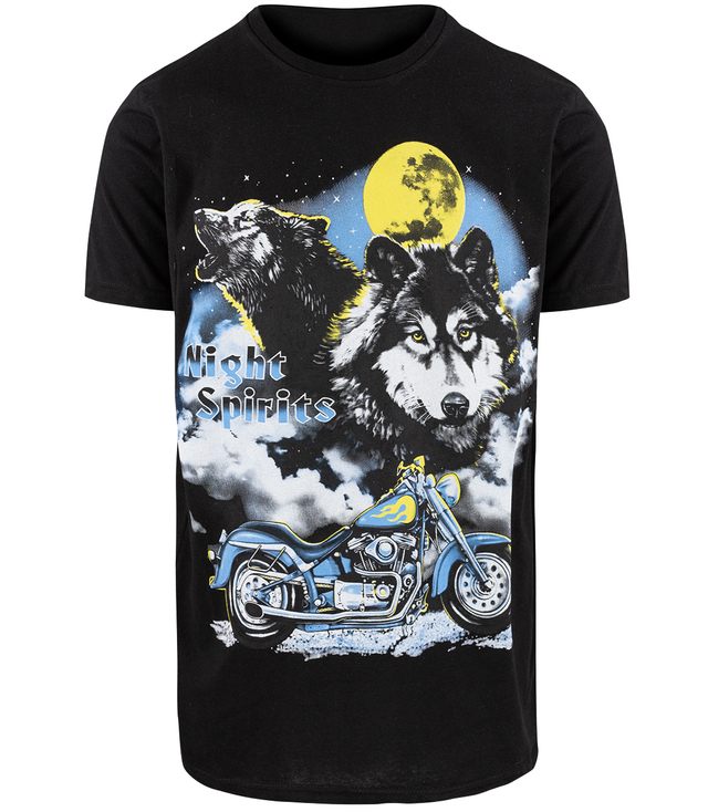 Koszulka męska t-shirt Night Spirits z nadrukiem wilków i motocykla