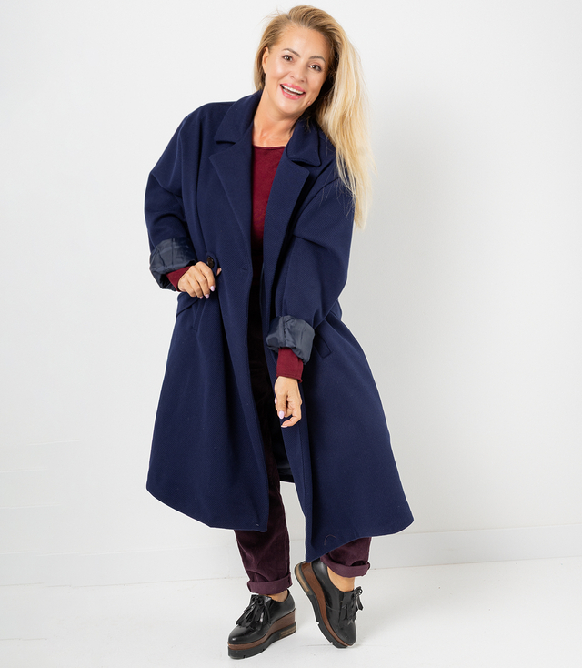 Women's long oversize coat with decorative belt KASIA