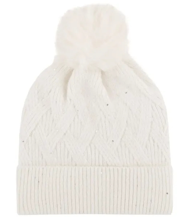 Warm women's beanie with pompon winter autumn with zircons one-color