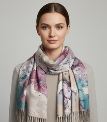 Women's scarf with watercolor delicate pattern and tassels