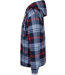 Warm fleece men's plaid shirt with hood insulated with faux fur