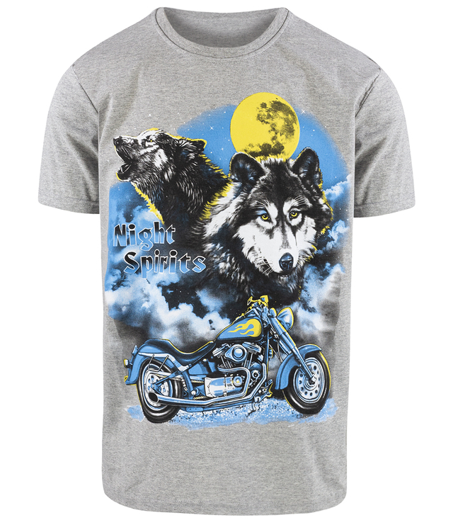 Koszulka męska t-shirt Night Spirits z nadrukiem wilków i motocykla