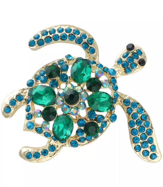 Gold tortoise brooch with turquoise rhinestones Gift